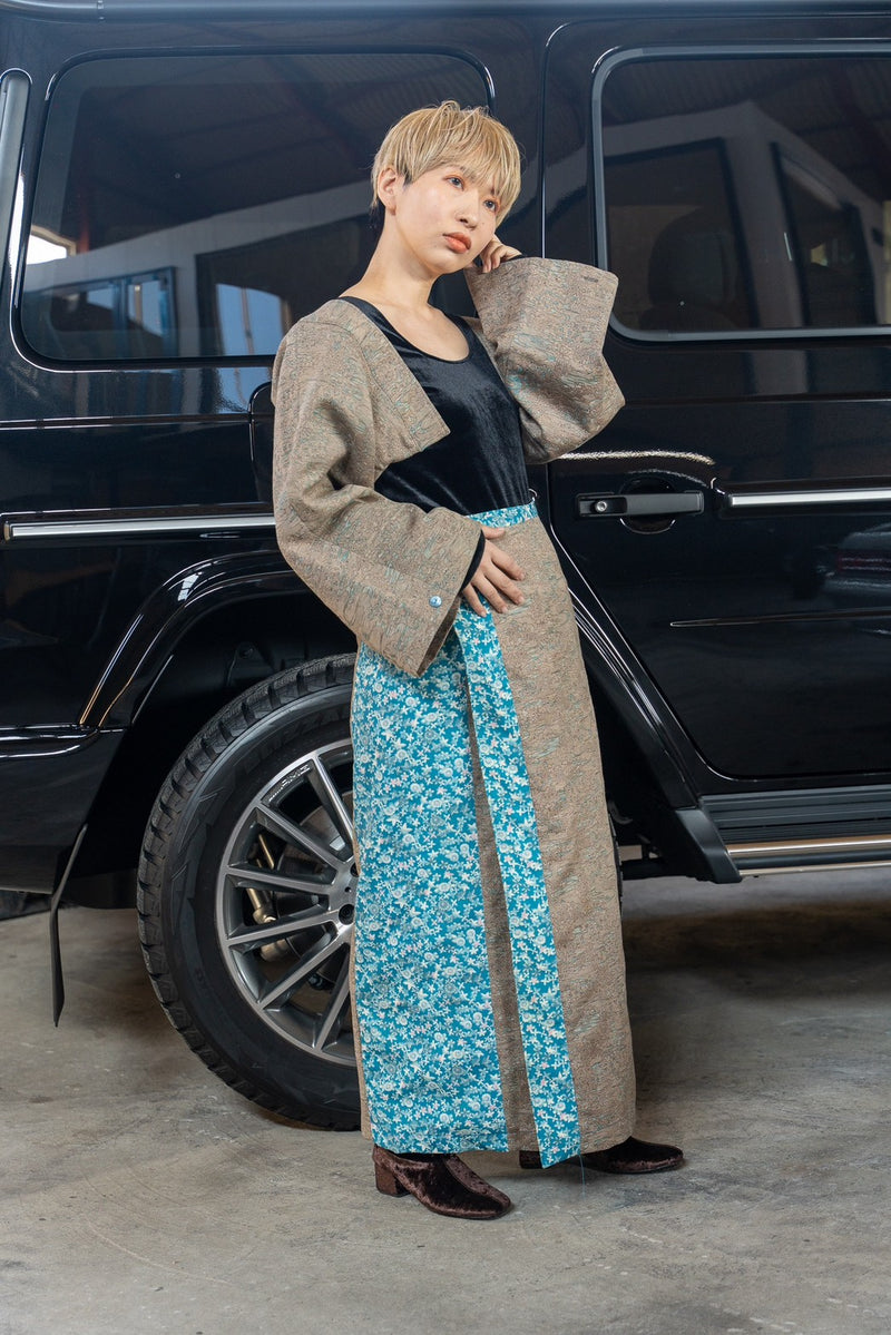 Kimono long sleeve  and wrap skirt set「紬Tumugi」